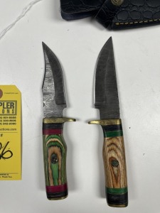 ASSORTED 4'' HUNTING & SKINNING KNIVES - CUSTOM HANDMADE DAMASCUS STEEL - PAKKA WOOD HANDLE - LAMINATED LEATHER SHEATH