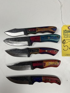 ASSORTED 4'' HUNTING & SKINNING KNIVES - CUSTOM HANDMADE DAMASCUS STEEL - PAKKA WOOD HANDLE - LAMINATED LEATHER SHEATH