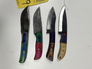 ASSORTED 4'' HUNTING & SKINNING KNIVES - CUSTOM HANDMADE DAMASCUS STEEL - PAKKA WOOD HANDLE - LAMINATED LEATHER SHEATH