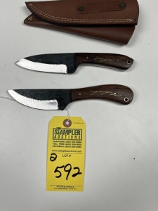 ASSORTED HUNTING & SKINNING KNIVES - CUSTOM HANDMADE DAMASCUS STEEL - WOOD HANDLE - LAMINATED LEATHER SHEATH