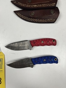 ASSORTED 3'' SKINNING KNIVES - CUSTOM HANDMADE DAMASCUS STEEL - PAKKA WOOD HANDLE - LAMINATED LEATHER SHEATH