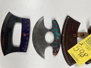 ASSORTED 6'' ULU KNIVES - CUSTOM HANDMADE DAMASCUS STEEL - PAKKA WOOD HANDLE - LAMINATED LEATHER SHEATH