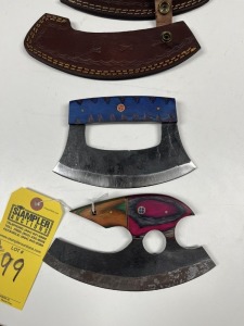 ASSORTED ULU KNIVES - 1- 6'' / 1- 7'' - CUSTOM HANDMADE DAMASCUS STEEL - PAKKA WOOD HANDLE - LAMINATED LEATHER SHEATH