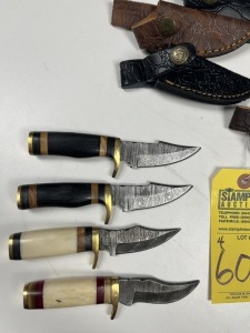 ASSORTED 3'' SKINNING KNIVES - CUSTOM HANDMADE DAMASCUS STEEL - RESIN HANDLE - LAMINATED LEATHER SHEATH