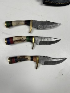 ASSORTED 3'' SKINNING KNIVES - CUSTOM HANDMADE DAMASCUS STEEL - BONE HANDLE - LAMINATED LEATHER SHEATH