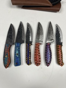 ASSORTED 4'' HUNTING & SKINNING KNIVES - CUSTOM HANDMADE DAMASCUS STEEL - PAKKA WOOD HANDLE - LAMINATED LEATHER SHEATH