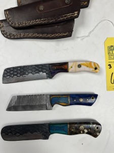 ASSORTED 4'' BULL CUTTING KNIVES - CUSTOM HANDMADE DAMASCUS STEEL - PAKKA WOOD & RESIN HANDLE - LAMINATED LEATHER SHEATH