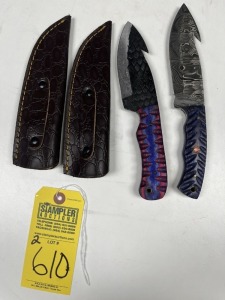 ASSORTED HUNTING & SKINNING KNIVES WITH GUT HOOK - 1- 4'' / 1- 5'' - CUSTOM HANDMADE DAMASCUS STEEL - PAKKA WOOD HANDLE - LAMINATED LEATHER SHEATH