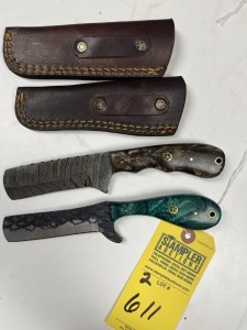 ASSORTED 4'' BULL CUTTING KNIVES - CUSTOM HANDMADE DAMASCUS STEEL - RESIN HANDLE - LAMINATED LEATHER SHEATH