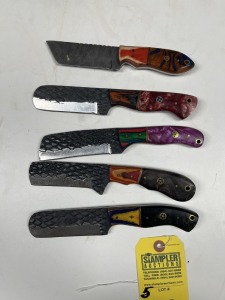 ASSORTED 4'' BULL CUTTING KNIVES - CUSTOM HANDMADE DAMASCUS STEEL - PAKKA WOOD & RESIN HANDLE - LAMINATED LEATHER SHEATH