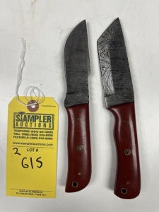 ASSORTED 4'' KNIVES - 1- HUNTING & SKINNING / 1- BULL CUTTING - CUSTOM HANDMADE DAMASCUS STEEL - RESIN HANDLE - LAMINATED LEATHER SHEATH