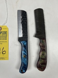 ASSORTED 4'' BULL CUTTING KNIVES - CUSTOM HANDMADE DAMASCUS STEEL - RESIN HANDLE - LAMINATED LEATHER SHEATH
