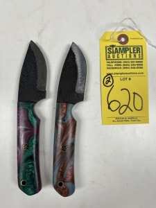 ASSORTED 3'' HUNTING & SKINNING KNIVES - CUSTOM HANDMADE DAMASCUS STEEL - RESIN HANDLE - LAMINATED LEATHER SHEATH