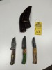 ASSORTED SKINNING KNIVES - CUSTOM HANDMADE DAMASCUS STEEL - PAKKA WOOD HANDLE - LAMINATED LEATHER SHEATH - 2