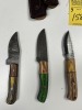 ASSORTED SKINNING KNIVES - CUSTOM HANDMADE DAMASCUS STEEL - PAKKA WOOD HANDLE - LAMINATED LEATHER SHEATH - 3
