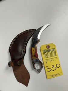 3'' KARAMBIT KNIFE - CUSTOM HANDMADE DAMASCUS STEEL - PAKKA WOOD HANDLE - LAMINATED LEATHER SHEATH