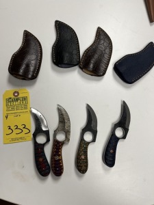 ASSORTED 3'' SKINNING KNIVES - CUSTOM HANDMADE DAMASCUS STEEL - PAKKA WOOD HANDLE - LAMINATED LEATHER SHEATH