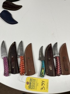ASSORTED HUNTING & SKINNING KNIVES - 2- 3.5'' / 2- 4'' - CUSTOM HANDMADE DAMASCUS STEEL - PAKKA WOOD HANDLE - LAMINATED LEATHER SHEATH
