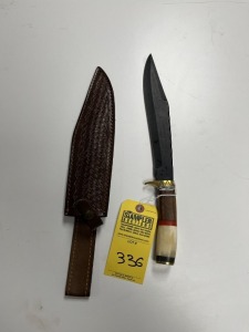 10'' BOWIE KNIFE - CUSTOM HANDMADE DAMASCUS STEEL - WOOD & RESIN HANDLE - LAMINATED LEATHER SHEATH