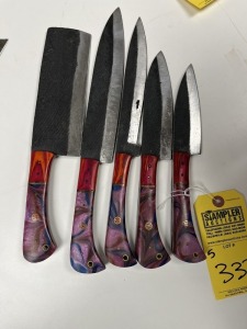ASSORTED KITCHEN KNIVES - CUSTOM HANDMADE DAMASCUS STEEL - PAKKA WOOD & RESIN HANDLE