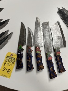 ASSORTED KITCHEN KNIVES - CUSTOM HANDMADE DAMASCUS STEEL - PAKKA WOOD & RESIN HANDLE
