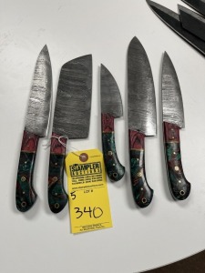 ASSORTED KITCHEN KNIVES - CUSTOM HANDMADE DAMASCUS STEEL - PAKKA WOOD & RESIN HANDLE
