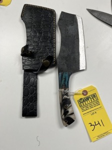 7'' CLEAVER - CUSTOM HANDMADE DAMASCUS STEEL - PAKKA WOOD & RESIN HANDLE - LAMINATED LEATHER SHEATH