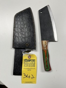 7'' CLEAVER - CUSTOM HANDMADE DAMASCUS STEEL - PAKKA WOOD HANDLE - LAMINATED LEATHER SHEATH