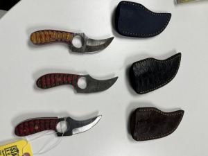 ASSORTED 3'' SKINNING KNIVES - CUSTOM HANDMADE DAMASCUS STEEL - PAKKA WOOD HANDLE - LAMINATED LEATHER SHEATH