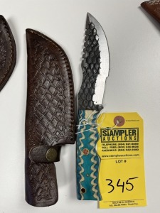 5.75'' HUNTING & SKINNING KNIFE - CUSTOM HANDMADE DAMASCUS STEEL - PAKKA WOOD HANDLE - LAMINATED LEATHER SHEATH