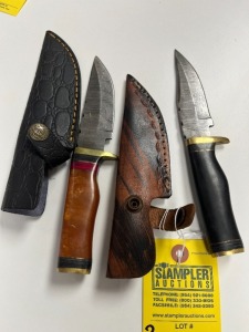 ASSORTED 4'' HUNTING & SKINNING KNIVES - CUSTOM HANDMADE DAMASCUS STEEL - RESIN HANDLE - LAMINATED LEATHER SHEATH