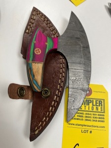 6.5'' ALASKAN ULU KNIFE - CUSTOM HANDMADE DAMASCUS STEEL - PAKKA WOOD HANDLE - LAMINATED LEATHER SHEATH