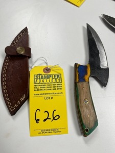 5.5'' ALASKAN ULU KNIFE - CUSTOM HANDMADE DAMASCUS STEEL - PAKKA WOOD HANDLE - LAMINATED LEATHER SHEATH