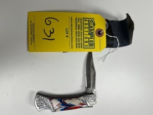 4'' POCKET KNIFE - CUSTOM HANDMADE DAMASCUS STEEL - RESIN HANDLE - LAMINATED LEATHER SHEATH (CRACK IN RESIN HANDLE)