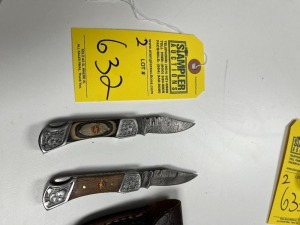 ASSORTED 2.75'' POCKET KNIVES - CUSTOM HANDMADE DAMASCUS STEEL - PAKKA WOOD HANDLE - LAMINATED LEATHER SHEATH