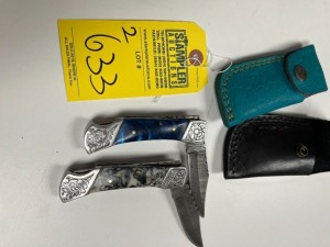 ASSORTED 3.5'' POCKET KNIVES - CUSTOM HANDMADE DAMASCUS STEEL - RESIN HANDLE - LAMINATED LEATHER SHEATH