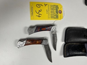 ASSORTED 3.5'' POCKET KNIVES - CUSTOM HANDMADE DAMASCUS STEEL - PAKKA WOOD HANDLE - LAMINATED LEATHER SHEATH