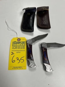 ASSORTED 3.5'' POCKET KNIVES - CUSTOM HANDMADE DAMASCUS STEEL - PAKKA WOOD HANDLE - LAMINATED LEATHER SHEATH