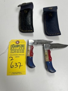 ASSORTED 3'' POCKET KNIVES - CUSTOM HANDMADE DAMASCUS STEEL - TEXAS PAKKA WOOD & RESIN HANDLE - LAMINATED LEATHER SHEATH