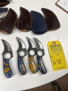 ASSORTED 3'' SKINNING KNIVES - CUSTOM HANDMADE DAMASCUS STEEL - RESIN HANDLE - LAMINATED LEATHER SHEATH
