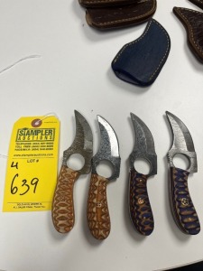 ASSORTED 3'' SKINNING KNIVES - CUSTOM HANDMADE DAMASCUS STEEL - PAKKA WOOD HANDLE - LAMINATED LEATHER SHEATH