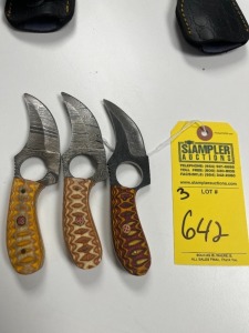 ASSORTED 3'' SKINNING KNIVES - CUSTOM HANDMADE DAMASCUS STEEL - PAKKA WOOD HANDLE - LAMINATED LEATHER SHEATH