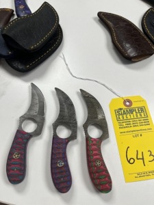 ASSORTED 3'' SKINNING KNIVES - CUSTOM HANDMADE DAMASCUS STEEL - PAKKA WOOD HANDLE - LAMINATED LEATHER SHEATH