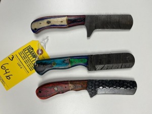 ASSORTED 4'' BULL CUTTING KNIVES - CUSTOM HANDMADE DAMASCUS STEEL - PAKKA WOOD HANDLE - LAMINATED LEATHER SHEATH