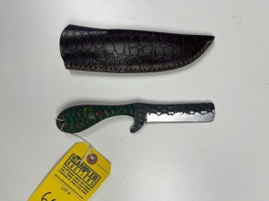 4'' BULL CUTTING KNIFE - CUSTOM HANDMADE DAMASCUS STEEL - PAKKA WOOD HANDLE - LAMINATED LEATHER SHEATH