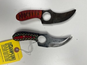 ASSORTED 3'' SKINNING KNIVES - CUSTOM HANDMADE DAMASCUS STEEL - PAKKA WOOD HANDLE - LAMINATED LEATHER SHEATH