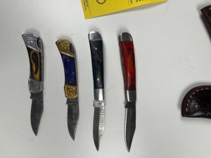 ASSORTED 2''-3'' POCKET KNIVES - CUSTOM HANDMADE DAMASCUS STEEL - PAKKA WOOD HANDLE - LAMINATED LEATHER SHEATH