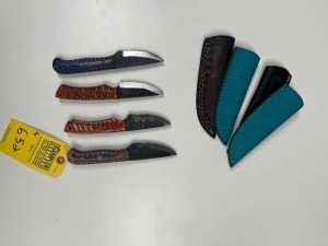 ASSORTED 3'' HUNTING & SKINNING KNIVES - CUSTOM HANDMADE DAMASCUS STEEL - PAKKA WOOD HANDLE - LAMINATED LEATHER SHEATH