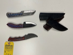 ASSORTED 3'' HUNTING & SKINNING KNIVES - CUSTOM HANDMADE DAMASCUS STEEL - PAKKA WOOD HANDLE - LAMINATED LEATHER SHEATH