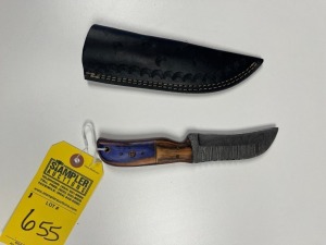 4'' HUNTING & SKINNING KNIFE - CUSTOM HANDMADE DAMASCUS STEEL - PAKKA WOOD HANDLE - LAMINATED LEATHER SHEATH